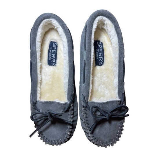 Sperry‎ Women’s Sz 9 Suede Moccasin Slippers Gray Faux Fur Lined - Picture 2 of 10